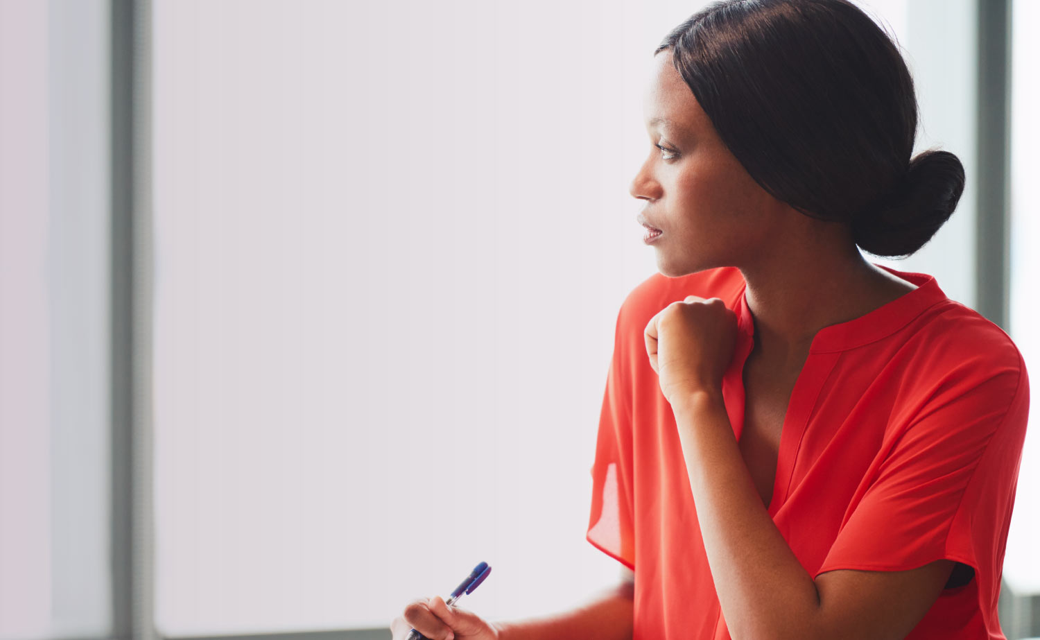 Woman in red shirt